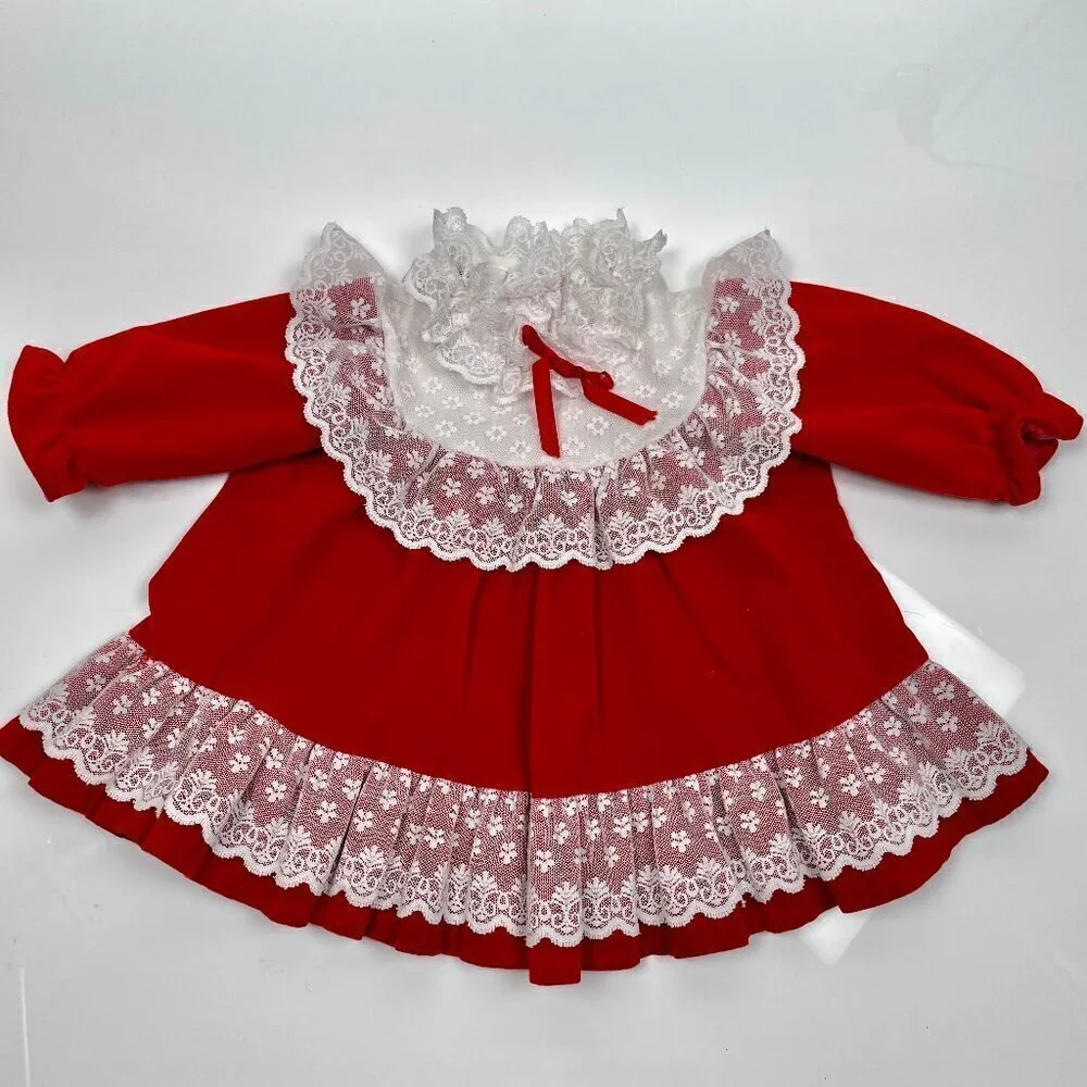 Vintage Toddler 18M Red Velvet and Lace Trim Christmas Dress w/ Bubble Sleeves